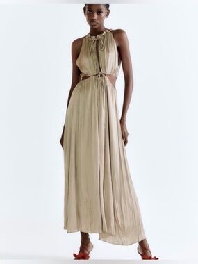 NWT Zara Wrinkle Look Satin Effect Cut Out Maxi Dress Medium Wedding Black Tie